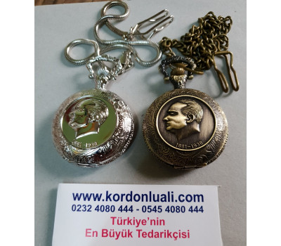 Köstekli Cep Saati Atatürk Temalı Gümüş Veya Bronz